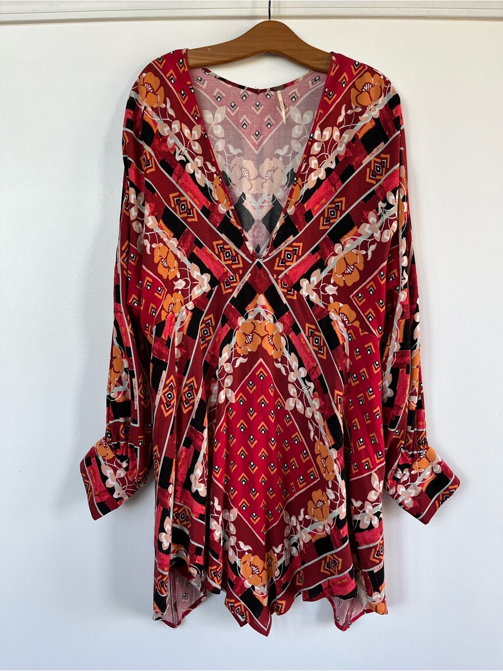 Free People Ride to the Sunset Vibrant Red Floral Boho Tunic / Mini Dress